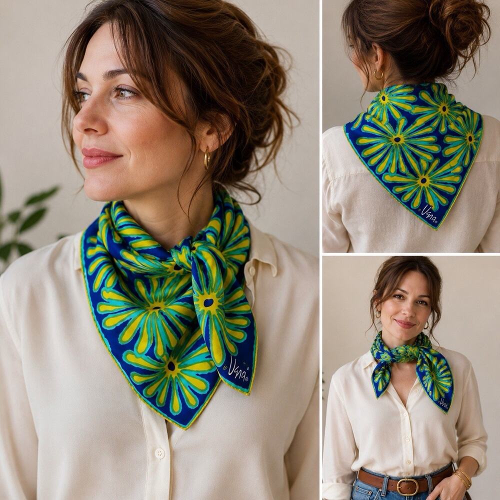 Vintage Silk Vera Neumann Scarf 22x23 Blue Aqua Yellow Floral Mod Signed EUC